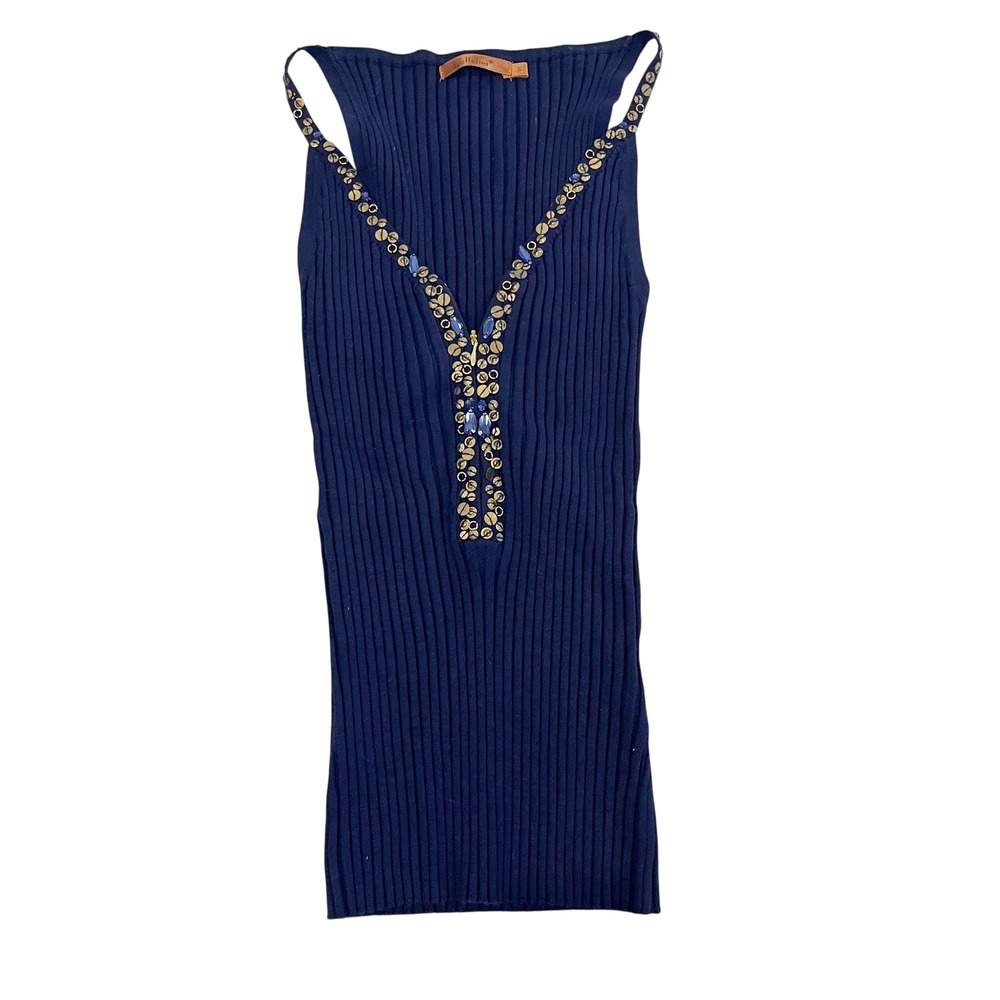 Belldini Navy Blue Ribbed Knit Embellished V-Neck Tank Top Y2K Small